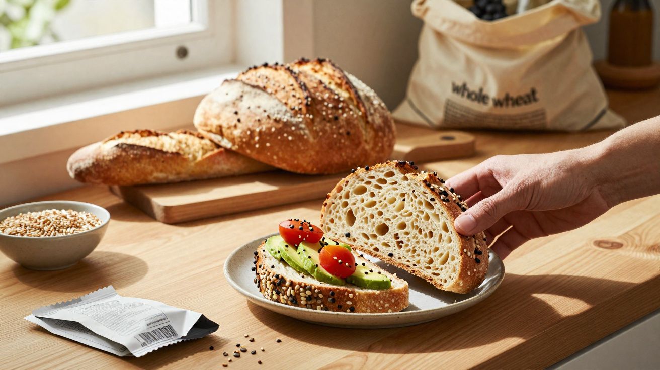 Mão segurando pão integral fatiado com abacate e tomate-cereja, ao lado de tigela de grãos e sacola de trigo integral.