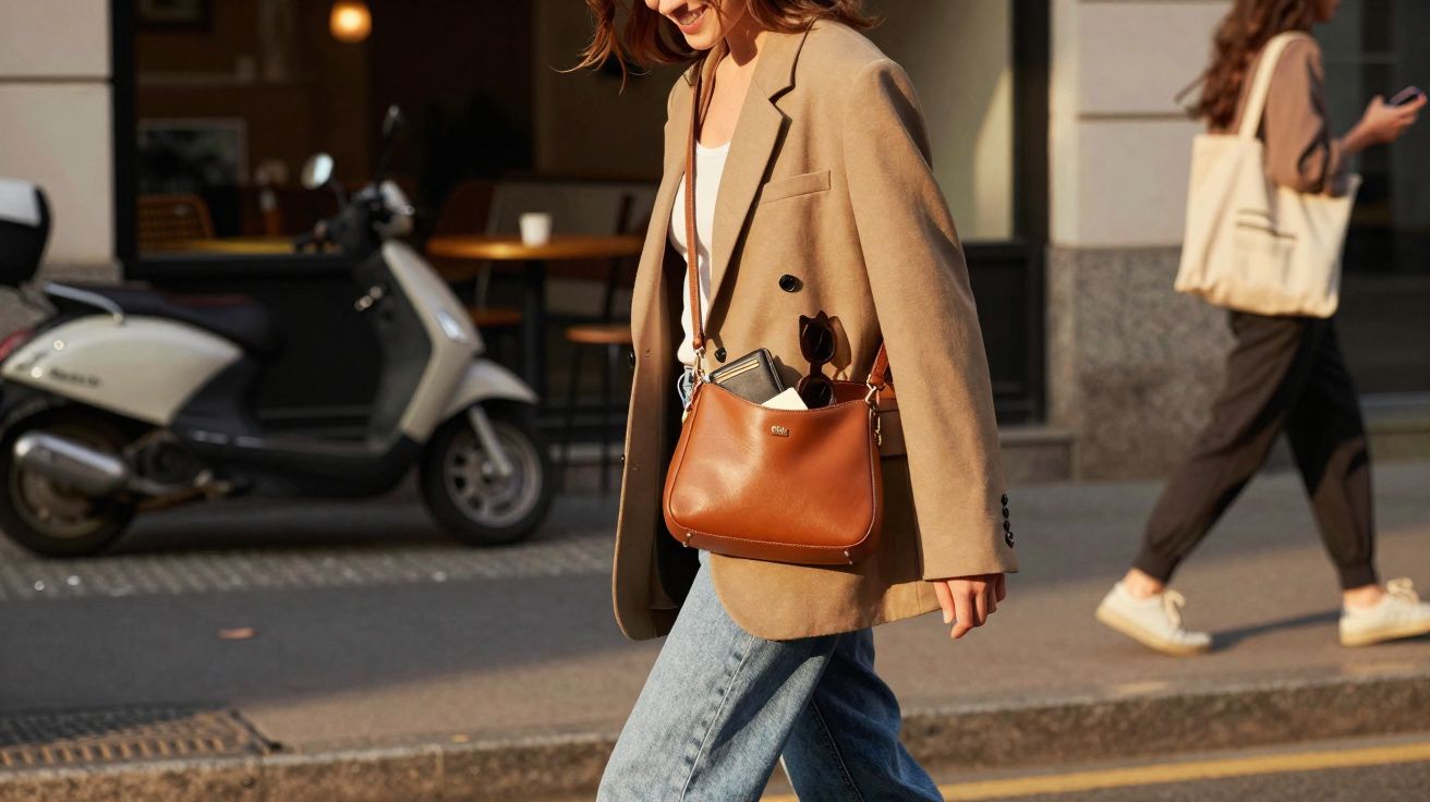 Mulher sorrindo caminhando na rua com blazer bege, calça jeans e bolsa marrom a tiracolo.
