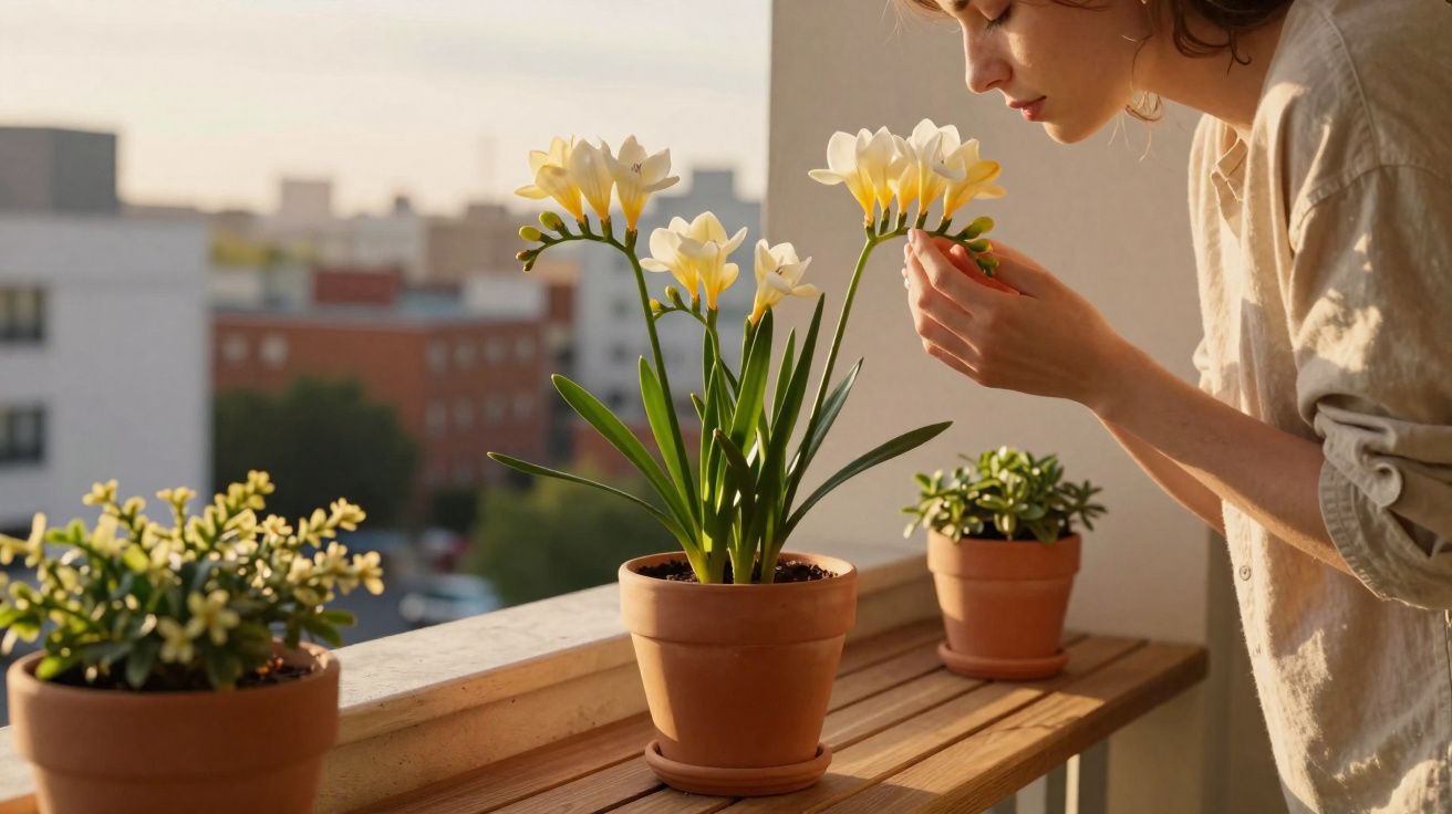 Mulher cheirando flores amarelas em vaso de cerâmica em varanda com luz do sol da manhã.