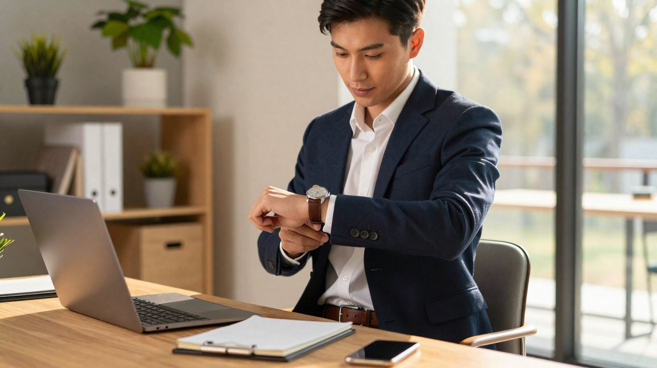 Homem de terno conferindo horário no relógio enquanto trabalha em escritório com laptop e prancheta.