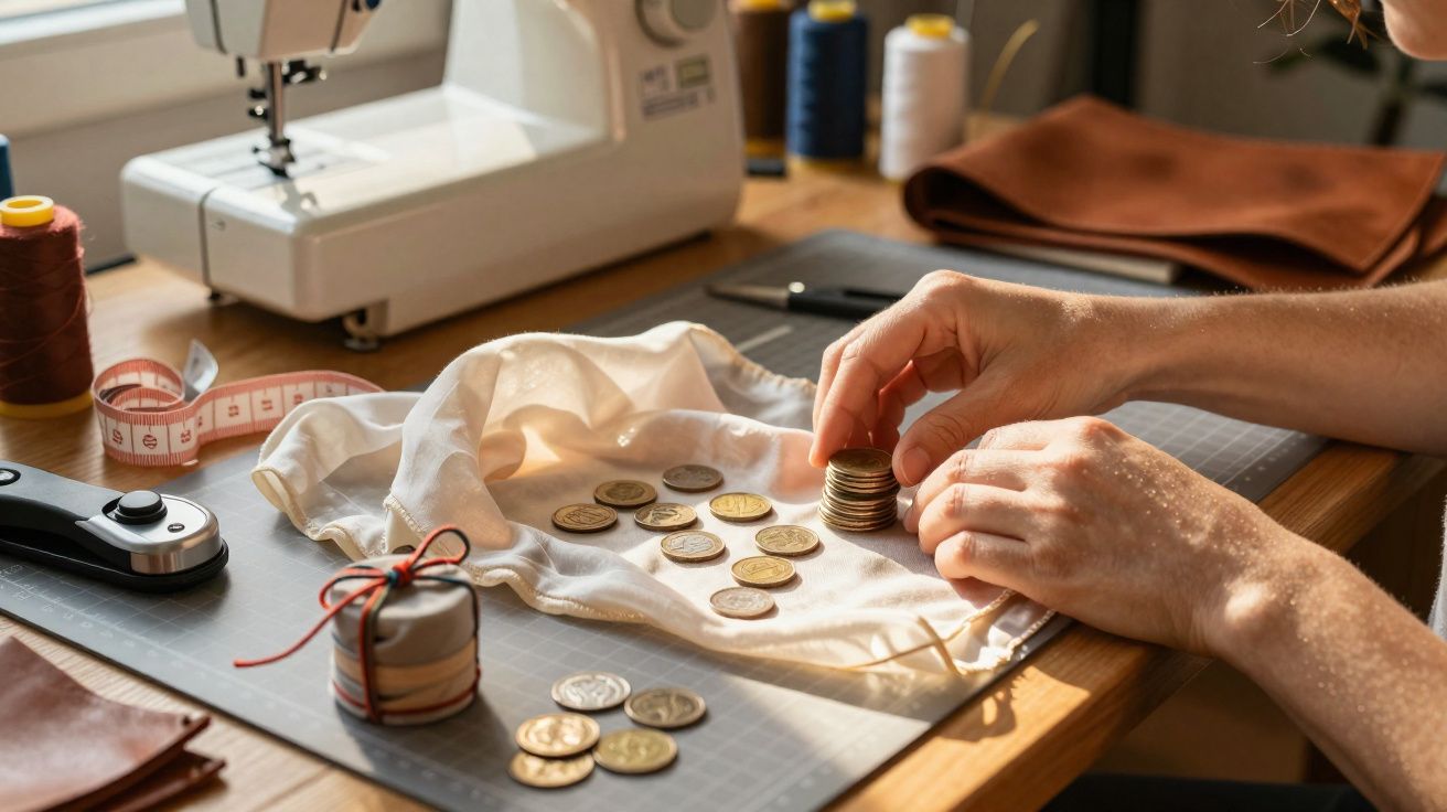 Mesa com máquina de costura, tecidos e mãos organizando moedas sobre pano branco, ambiente de trabalho artesanal.