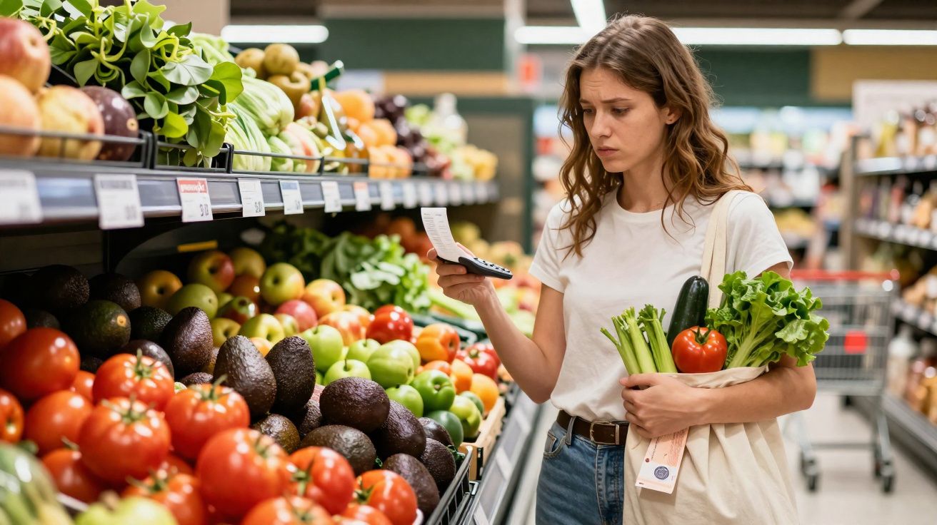 Mulher segurando sacola com verduras e calculadora enquanto escolhe frutas em supermercado.