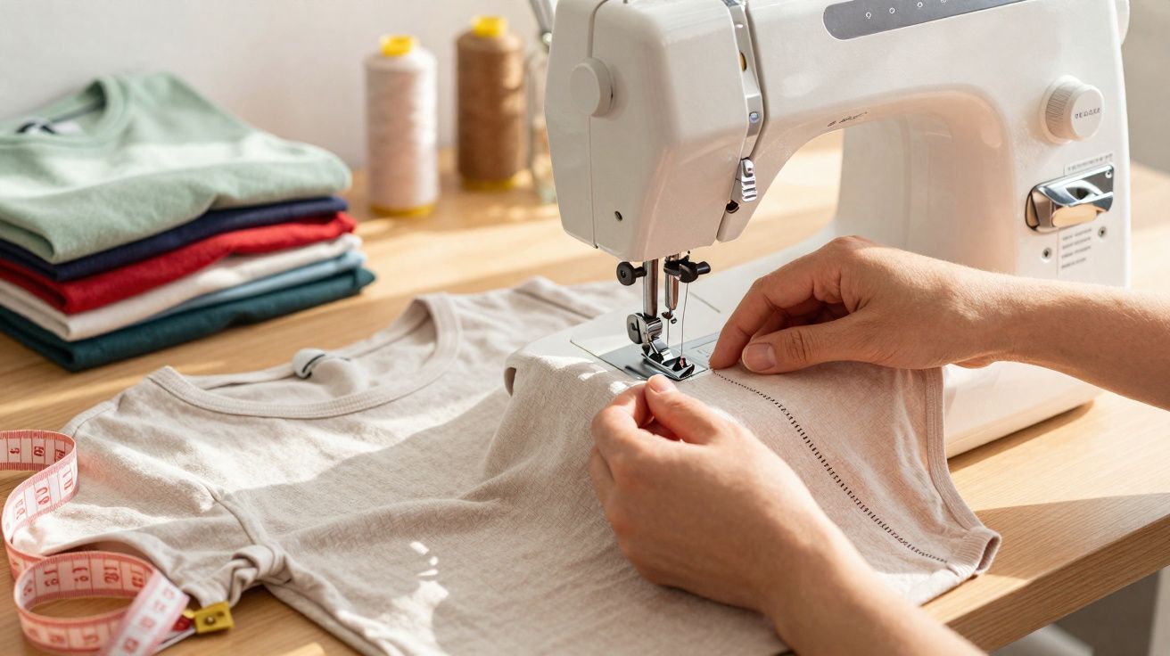 Pessoa costurando camiseta bege em máquina de costura, com tecidos dobrados e carretéis de linha ao fundo.