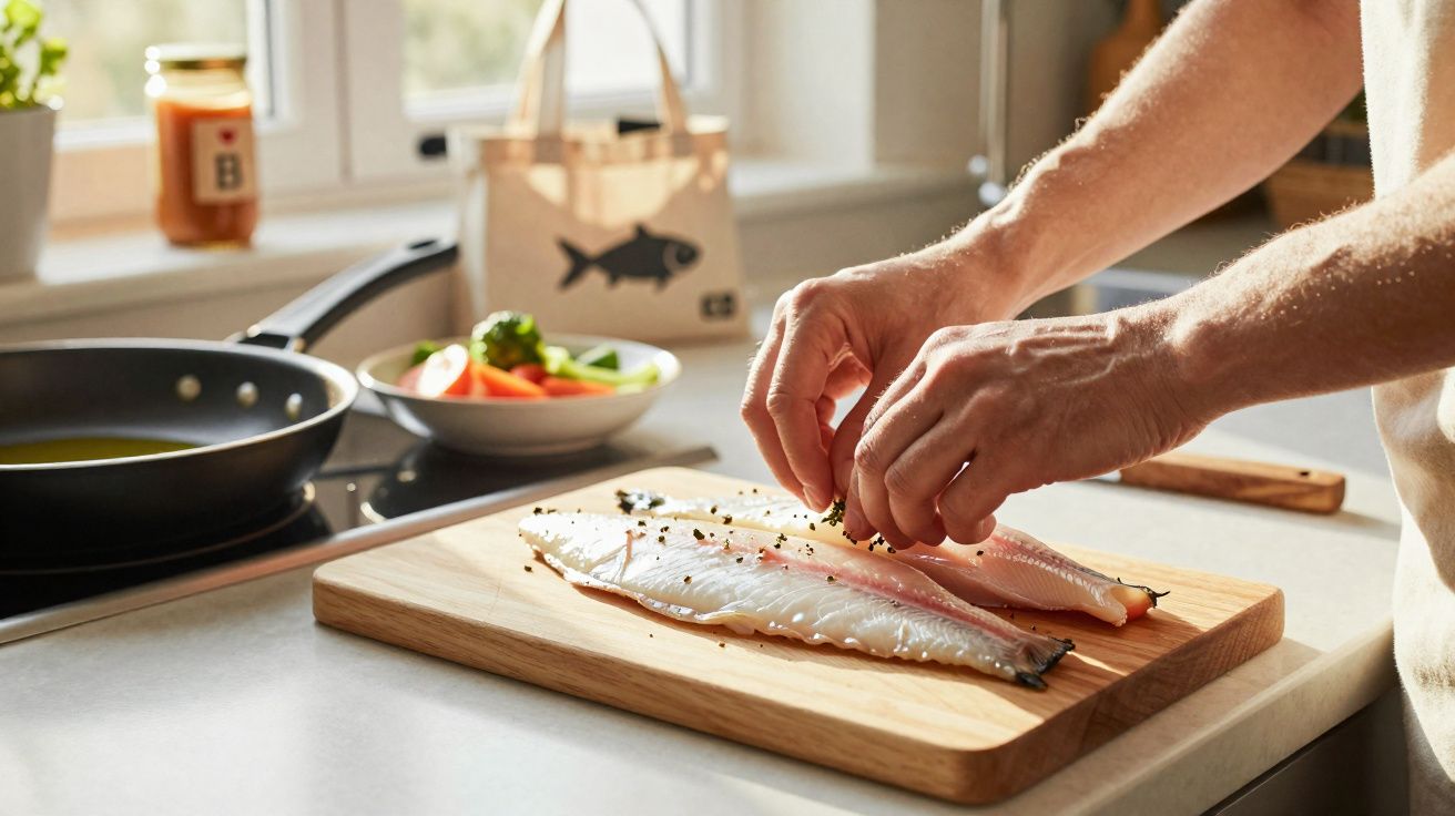 Mãos temperando filés de peixe em tábua de madeira na cozinha com frigideira e legumes ao fundo.