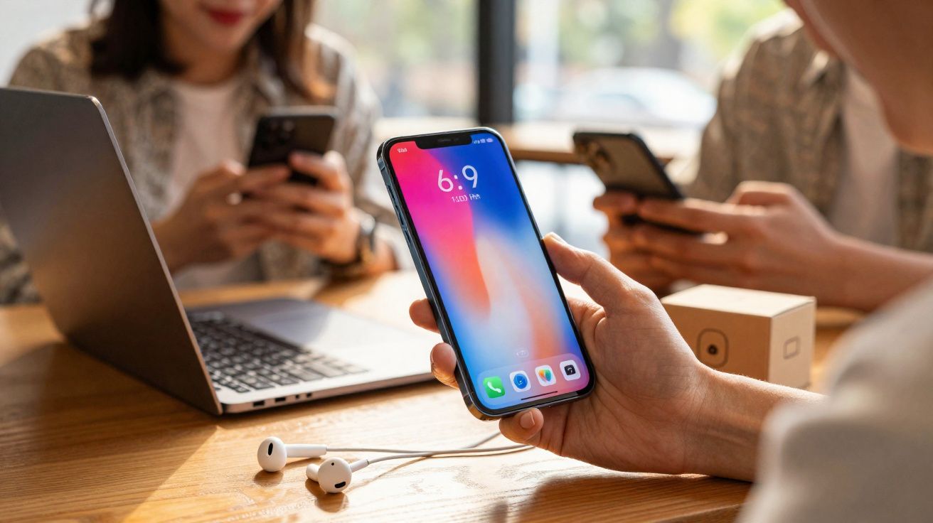 Mãos seguram smartphones à mesa com laptop aberto e fones de ouvido brancos em ambiente claro e descontraído.