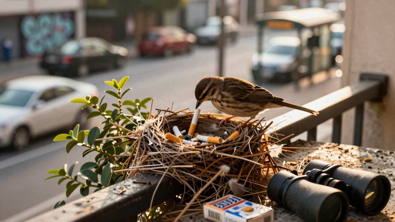 Pássaro no ninho cheio de bitucas de cigarro sobre parapeito urbano com binóculos ao lado.
