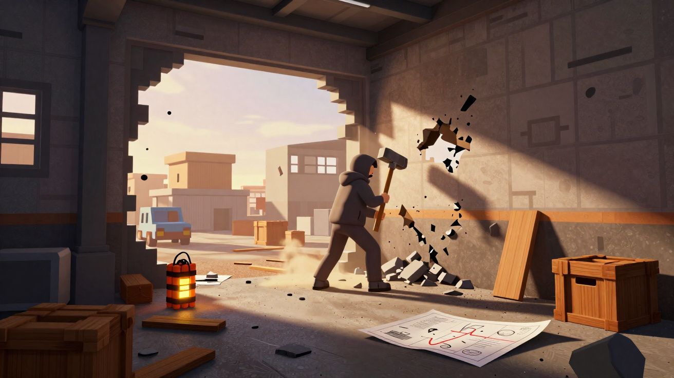 Pessoa com capuz quebrando parede com marreta dentro de galpão, com luz do sol e objetos ao redor.