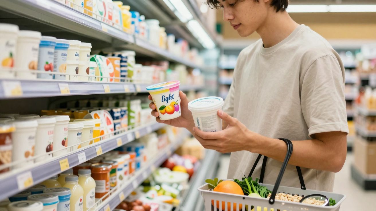 Pessoa segurando dois potes de iogurte no corredor de laticínios de supermercado com cesta de compras.