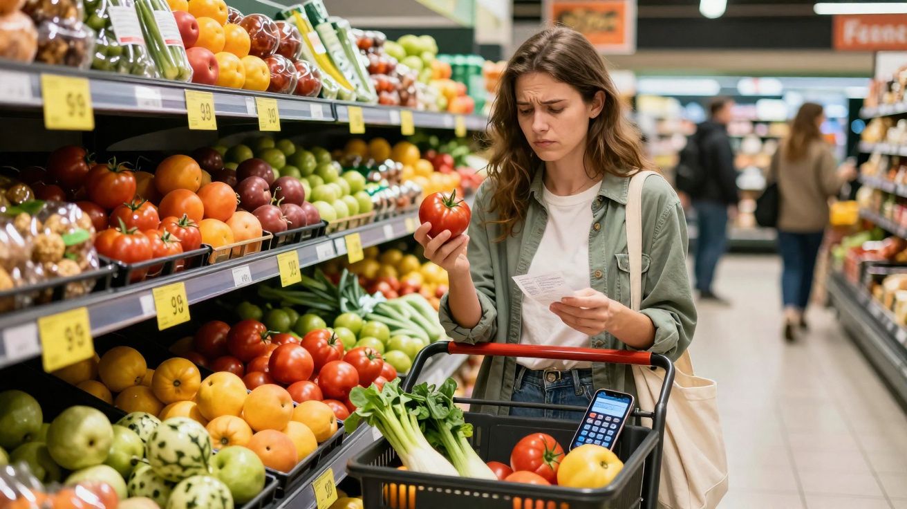 Mulher analisando lista de compras e segurando tomate em supermercado na seção de frutas e legumes.