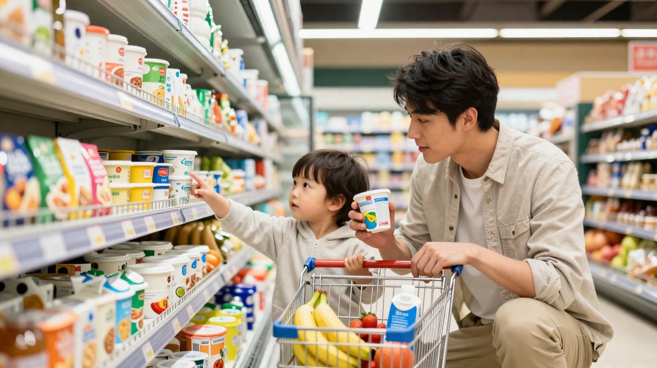 Pai e filho escolhem iogurte em supermercado com carrinho contendo frutas e leite.