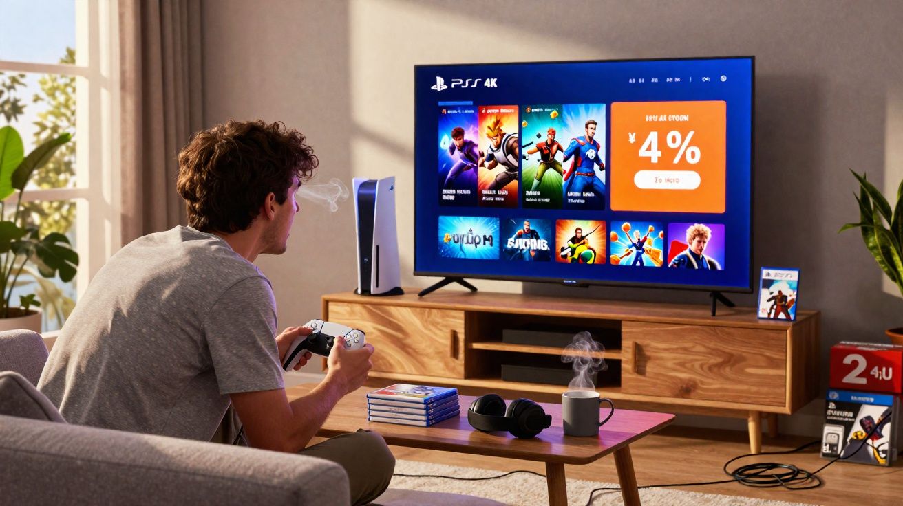 Homem sentado no sofá jogando videogame PS5 com controle na mão e tela exibindo jogos e desconto.