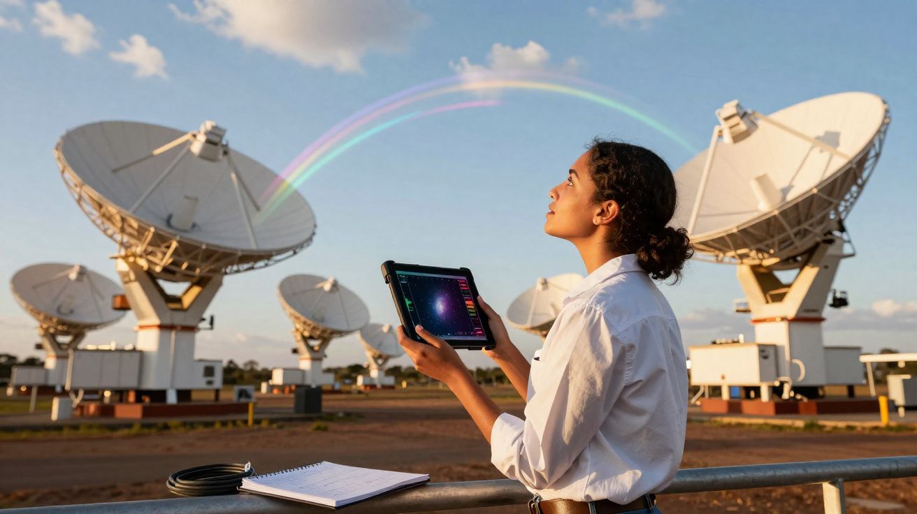 Mulher segurando tablet em estação com antenas parabólicas sob arco-íris no céu ao entardecer.
