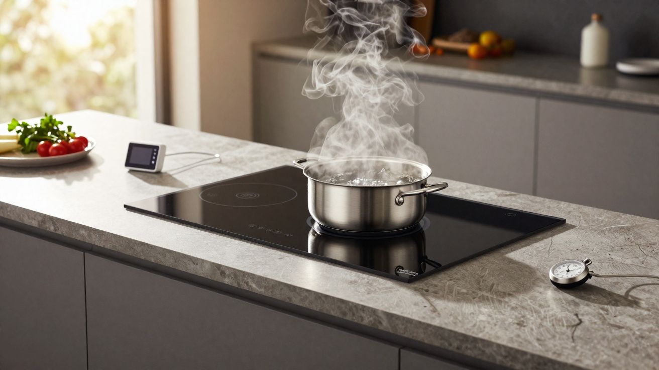 Panela de inox fervendo sobre cooktop preto em bancada de cozinha moderna com fumaça subindo.