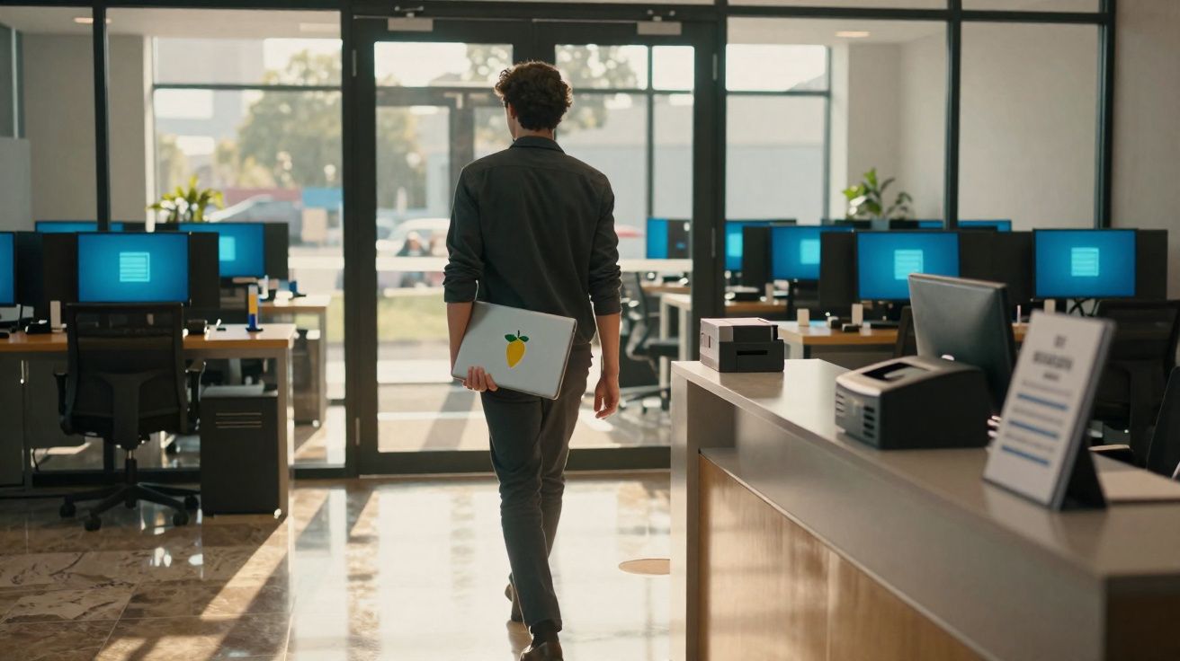 Homem caminhando em escritório moderno segurando notebook com adesivo de manga amarela.