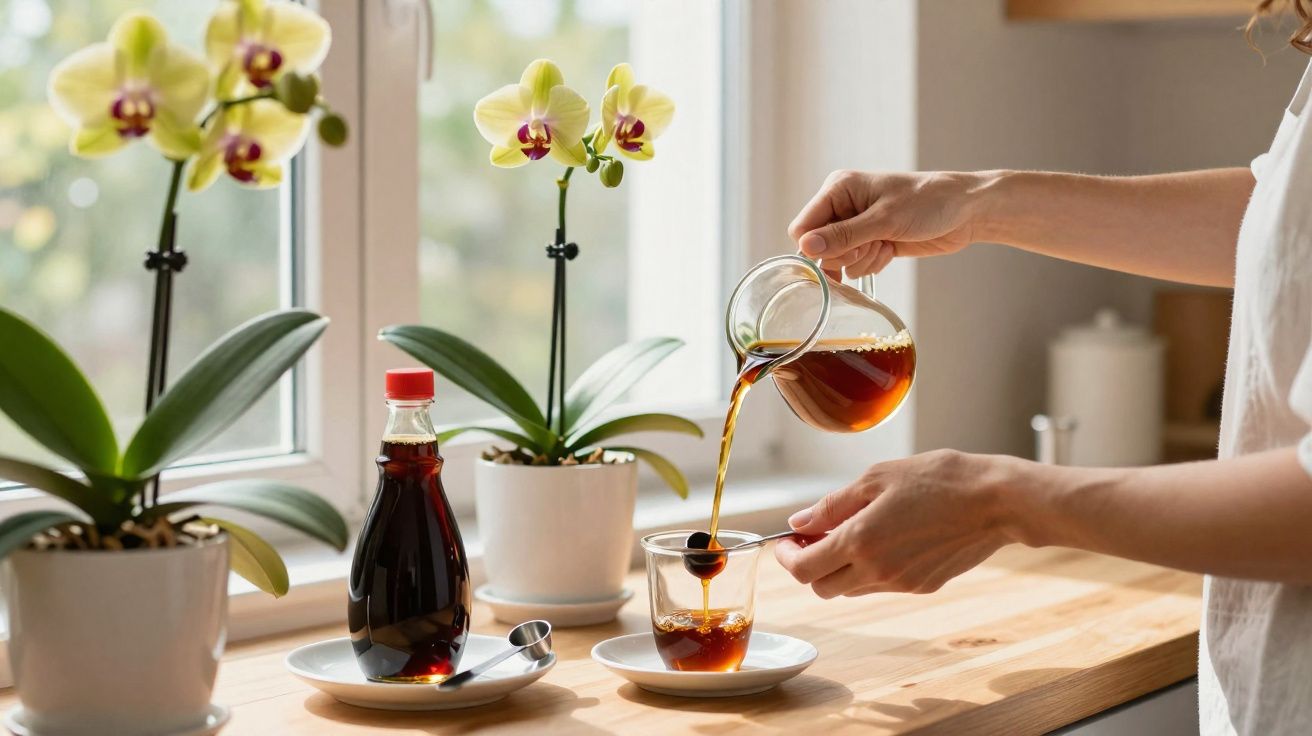 Pessoa servindo café coado em xícara de vidro, com orquídeas brancas ao fundo na janela.