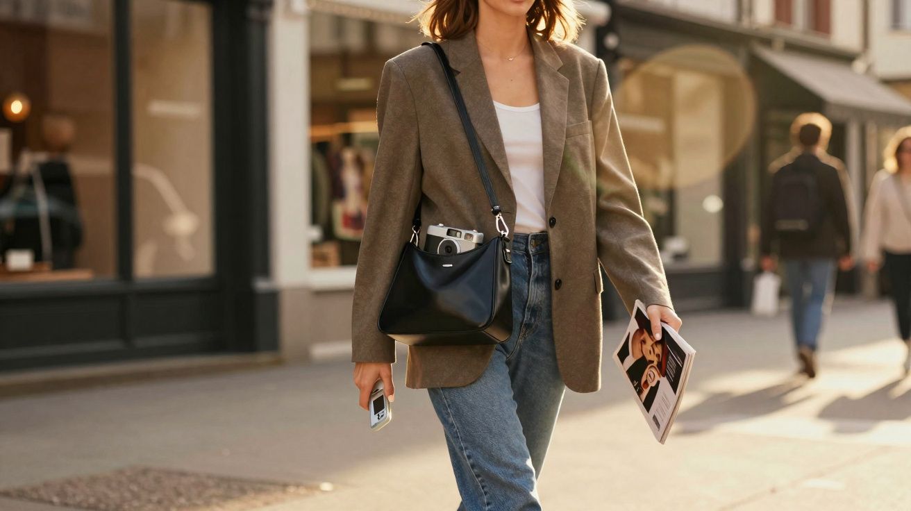 Mulher caminhando na rua com blazer, calça jeans, bolsa preta e segurando revista e celular.
