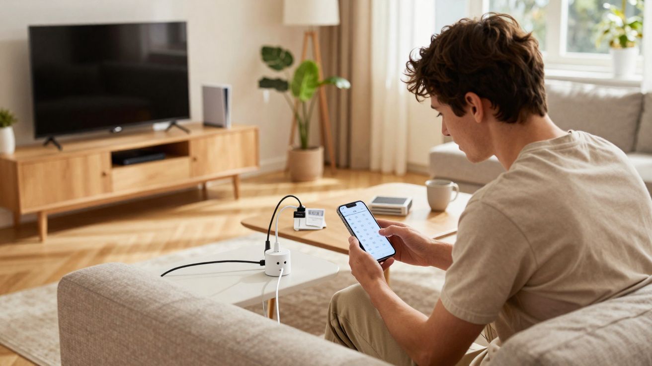 Jovem sentado no sofá em sala iluminada usando celular com carregador conectado na mesa ao lado.