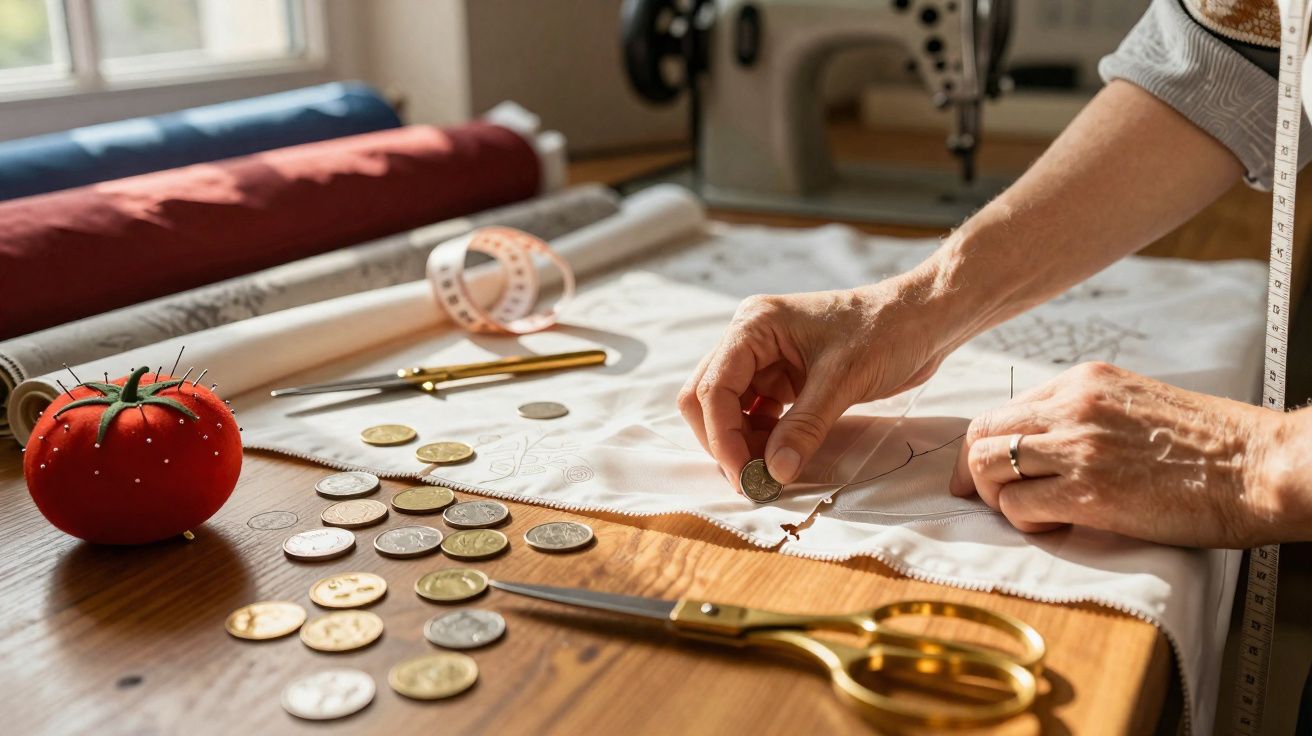 Pessoa utilizando moedas para pesar tecido sobre mesa com materiais de costura, incluindo tesoura e alfineteiro.