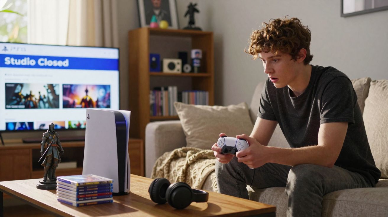 Jovem sentado no sofá jogando videogame com controle em mãos e console PlayStation 5 na mesa.