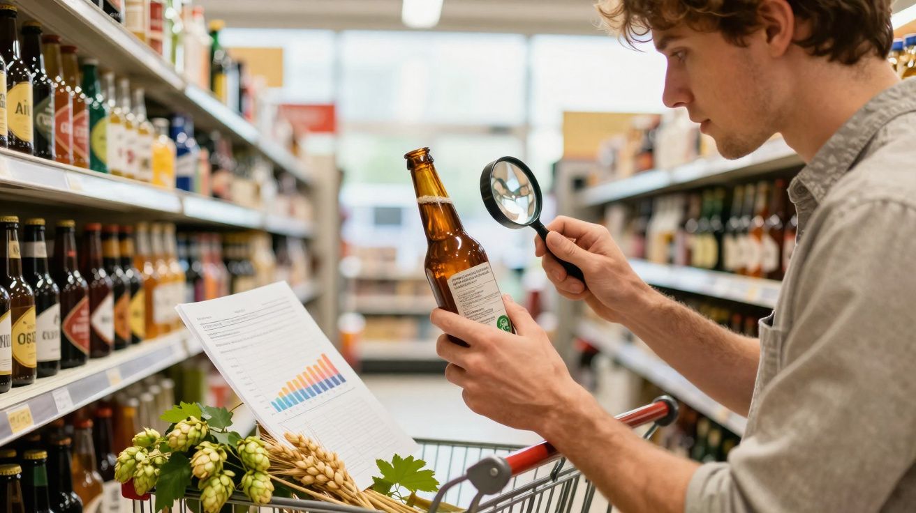 Homem segurando lupa e analisando rótulo de garrafa em corredor de supermercado com carrinho e folhas verdes.