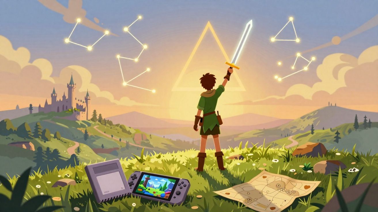 Jovem com espada levantada em campo, castelo ao fundo, constelações no céu e consoles de videogame no chão.