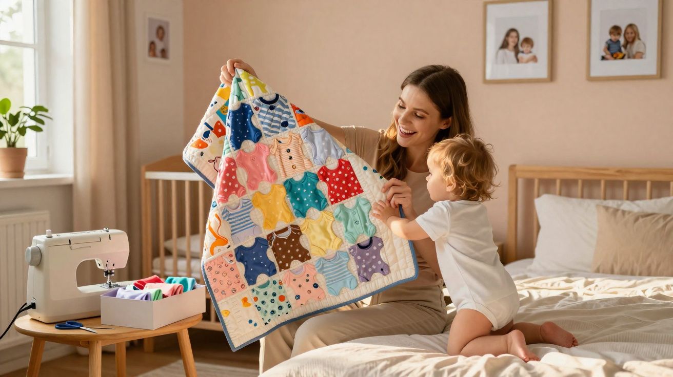 Mulher e criança mexem em colcha colorida em quarto infantil claro com berço e máquina de costura.