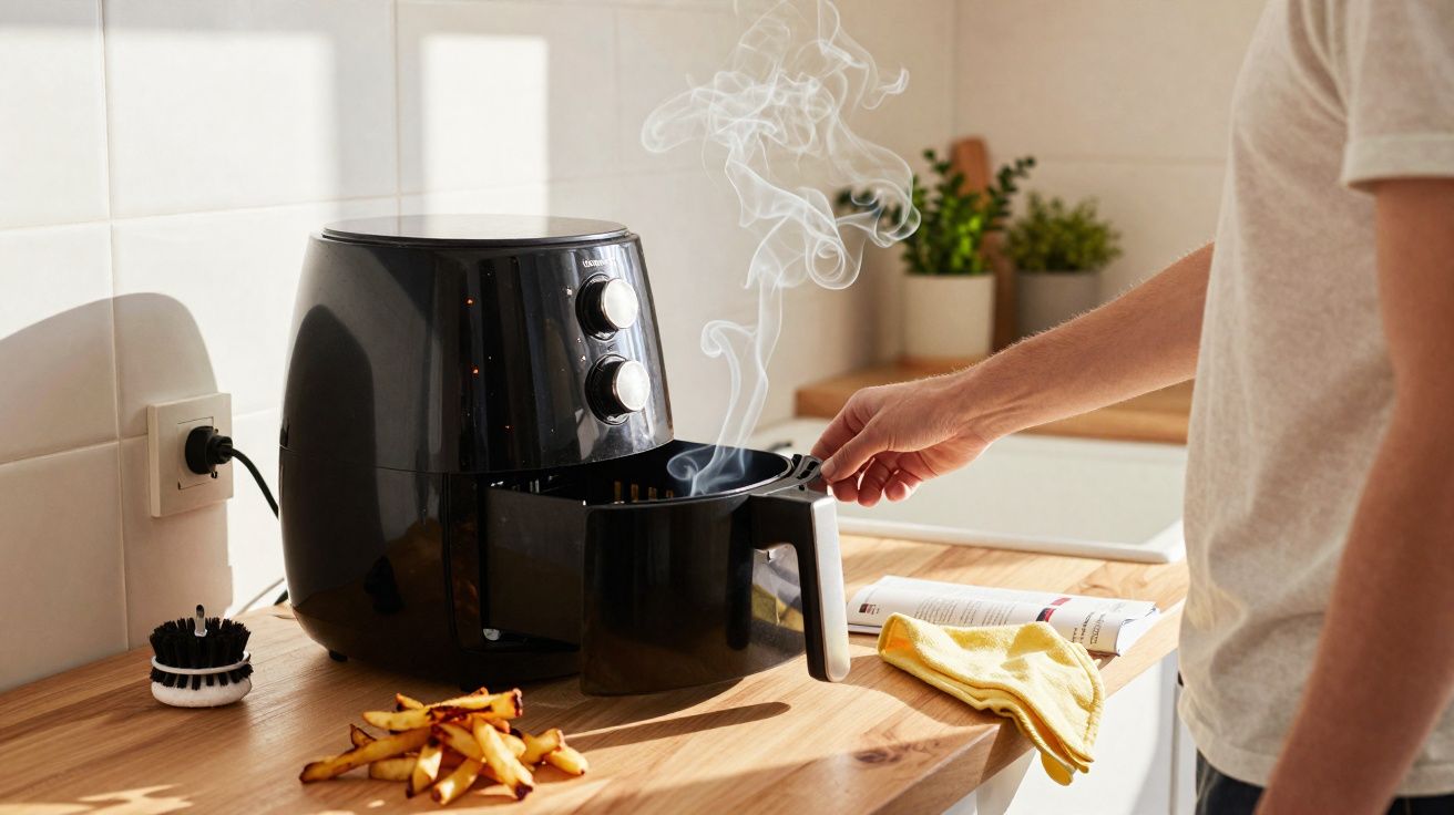 Pessoa abrindo fritadeira elétrica preta com batatas fritas e fumaça na bancadas de cozinha clara.
