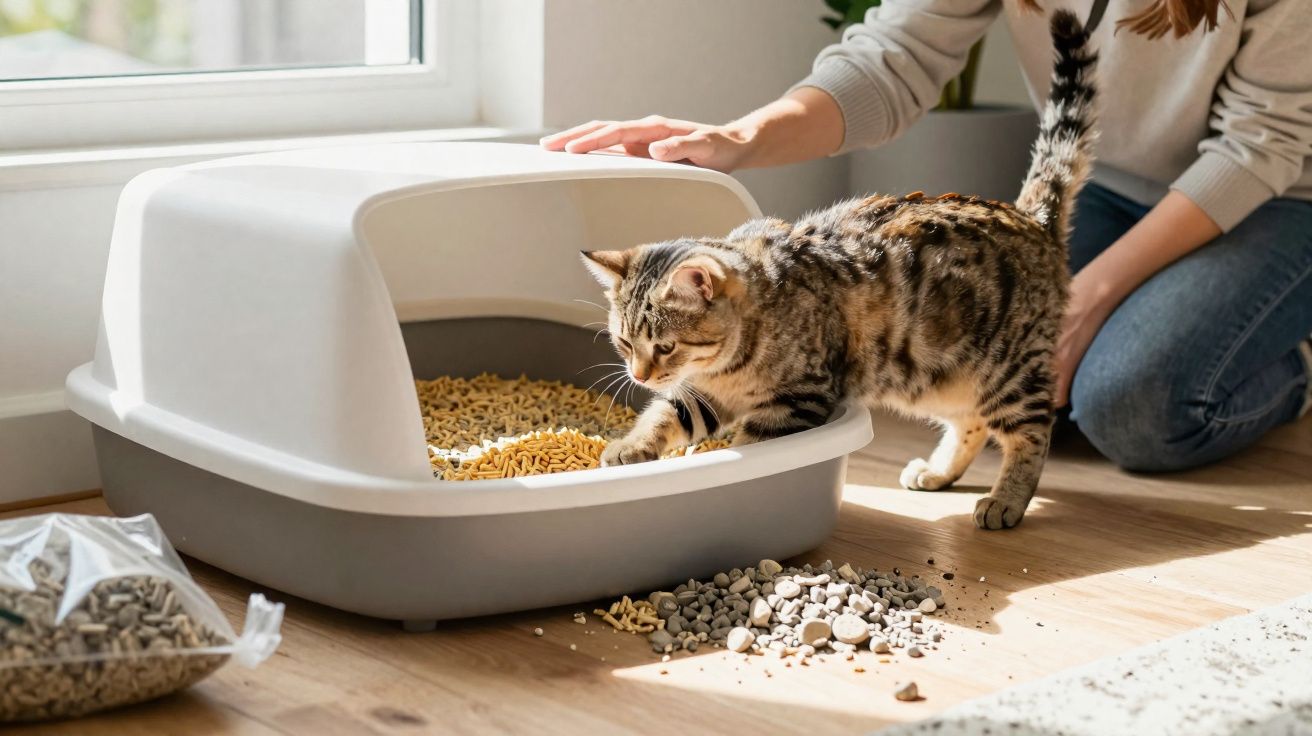 Gato entrando na caixa de areia coberta com granulado antiderrapante, ao lado de mulher agachada.