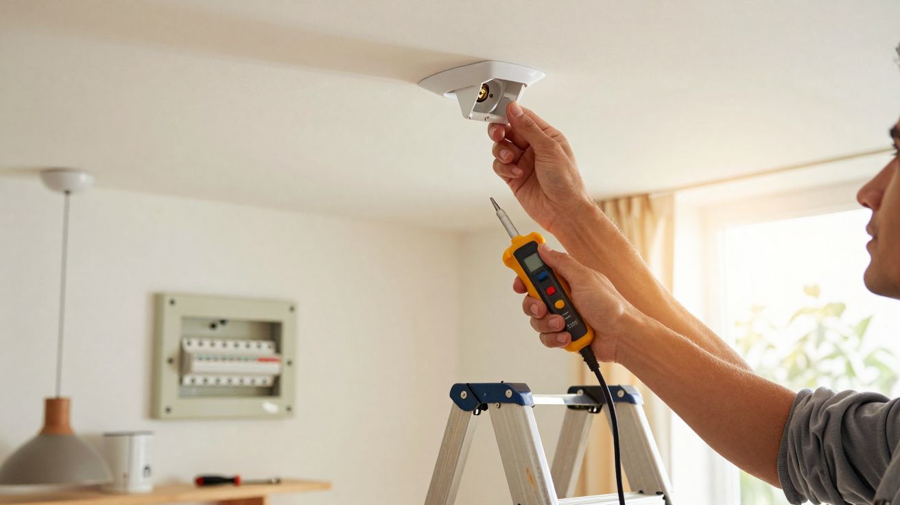 Pessoa testando instalação elétrica de luminária no teto com equipamento apropriado em escada.