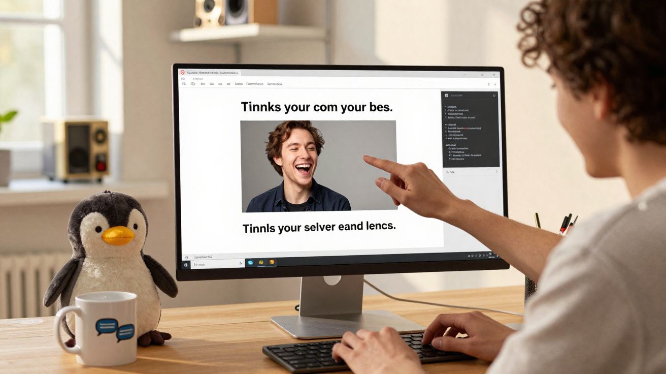 Pessoa com camisa cinza apontando para foto sorridente na tela do computador em mesa com pelúcia de pinguim e caneca branca.