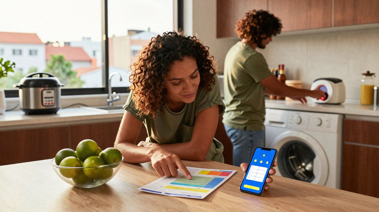 Mulher na cozinha analisando conta de luz com app no celular enquanto homem ajusta máquina de lavar.