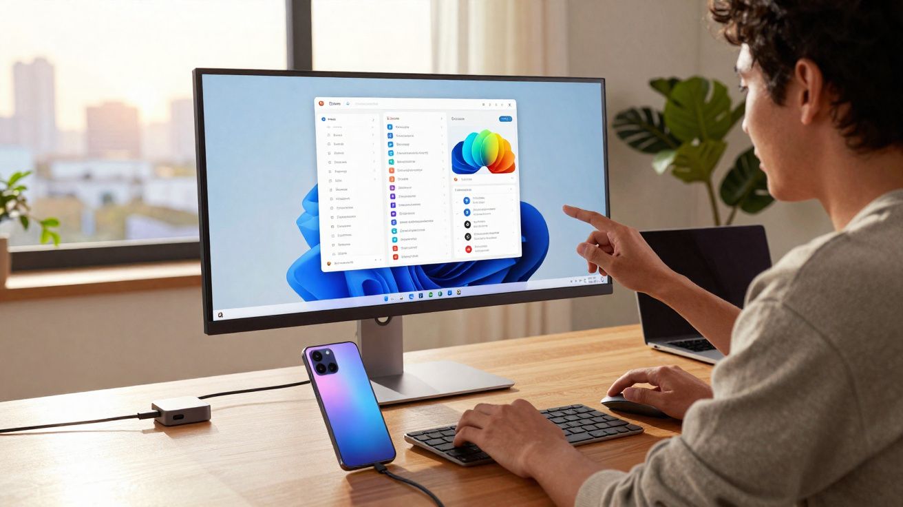 Pessoa usando computador com Windows 11 em mesa com smartphone e laptop ao fundo.