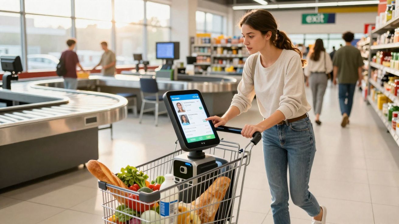 Mulher usando carrinho de supermercado com tela interativa para compras autônomas em supermercado moderno.