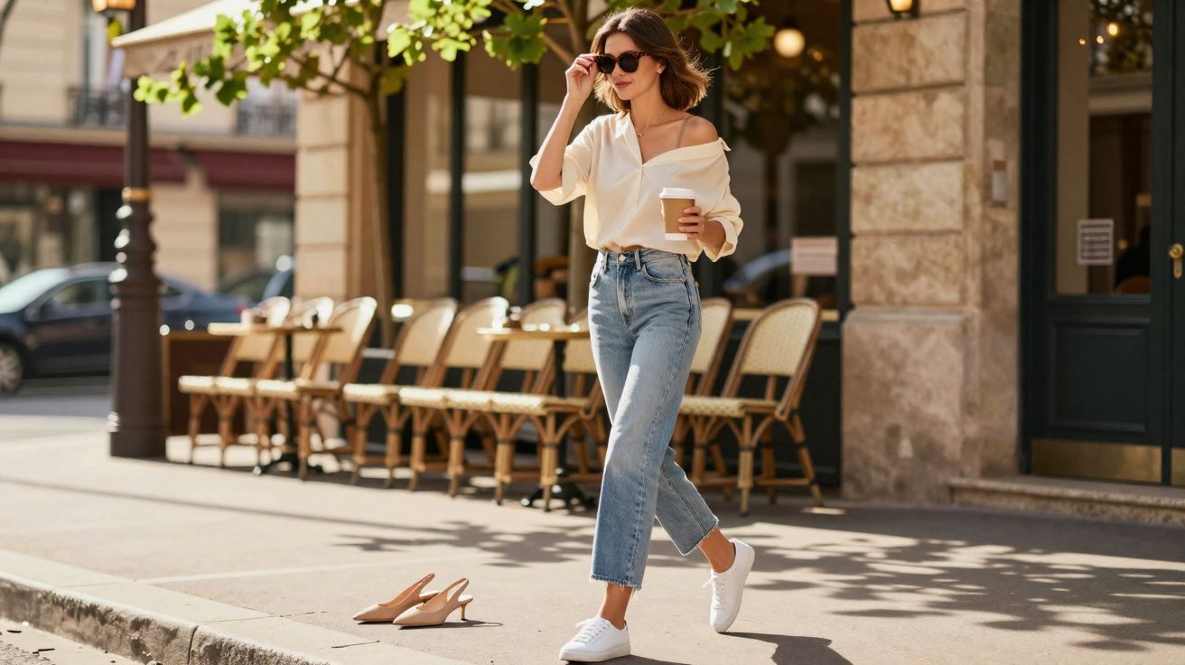 Mulher jovem de blusa off-shoulder e jeans caminhando em calçada com café e sapatos ao lado.