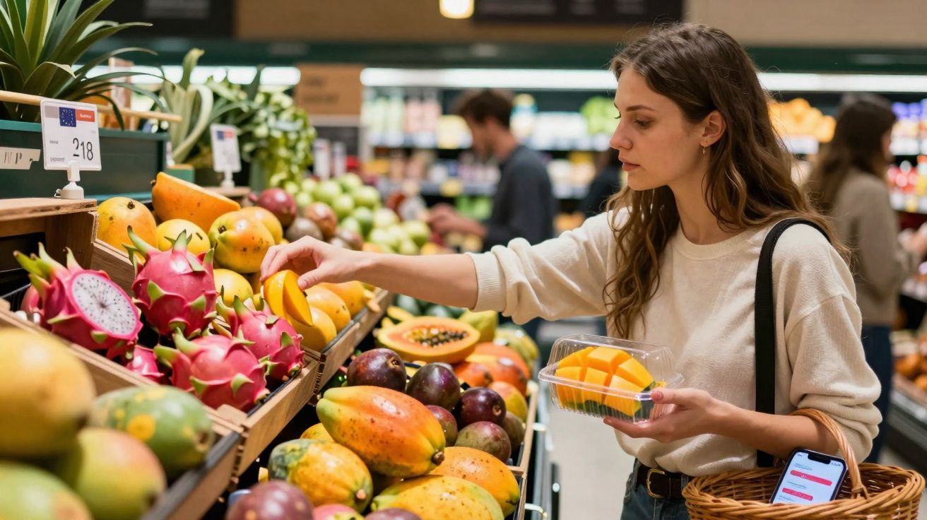 Mulher escolhe frutas tropicais em supermercado com cesta de compras e celular na mão.