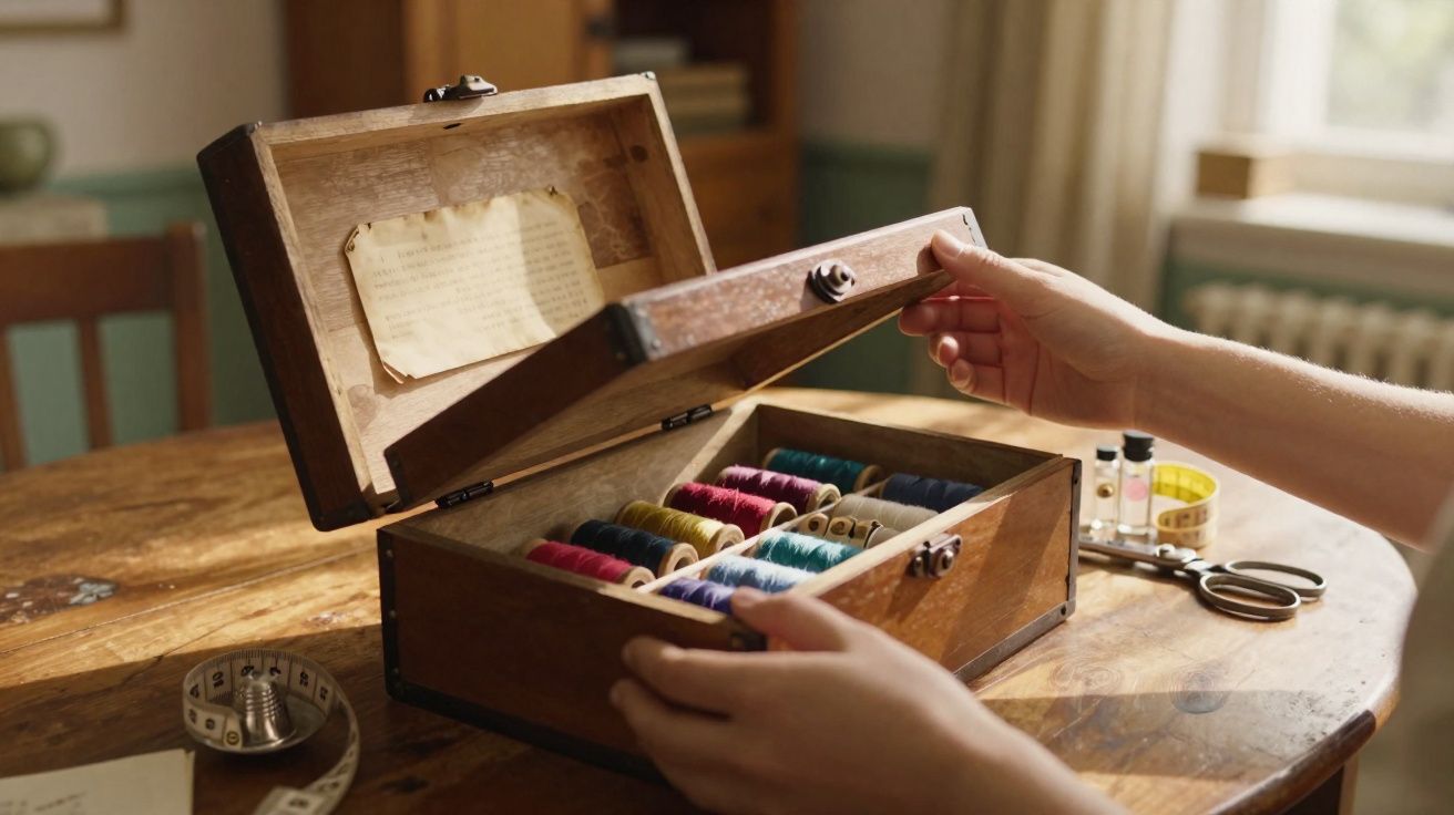 Caixa de madeira aberta com carreteis de linhas coloridas em uma mesa de madeira.