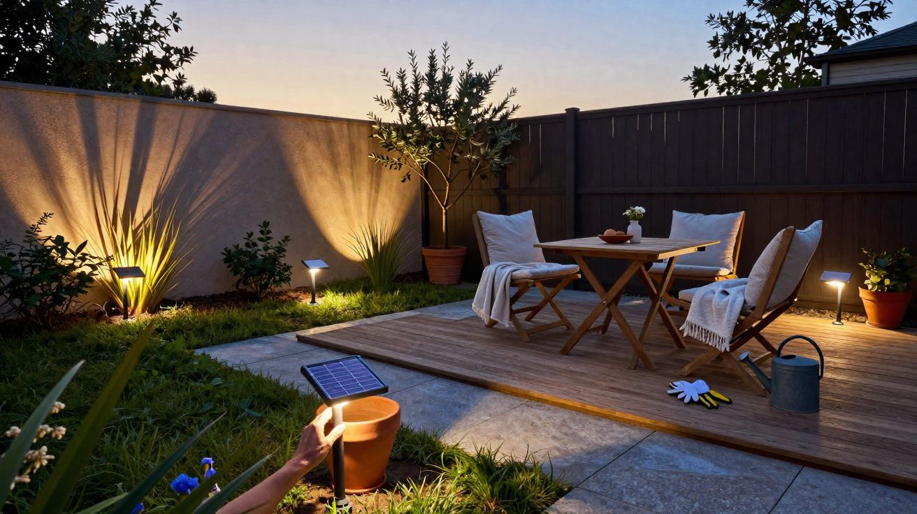 Área externa com mesa de madeira, cadeiras, iluminação solar e plantas ao entardecer.