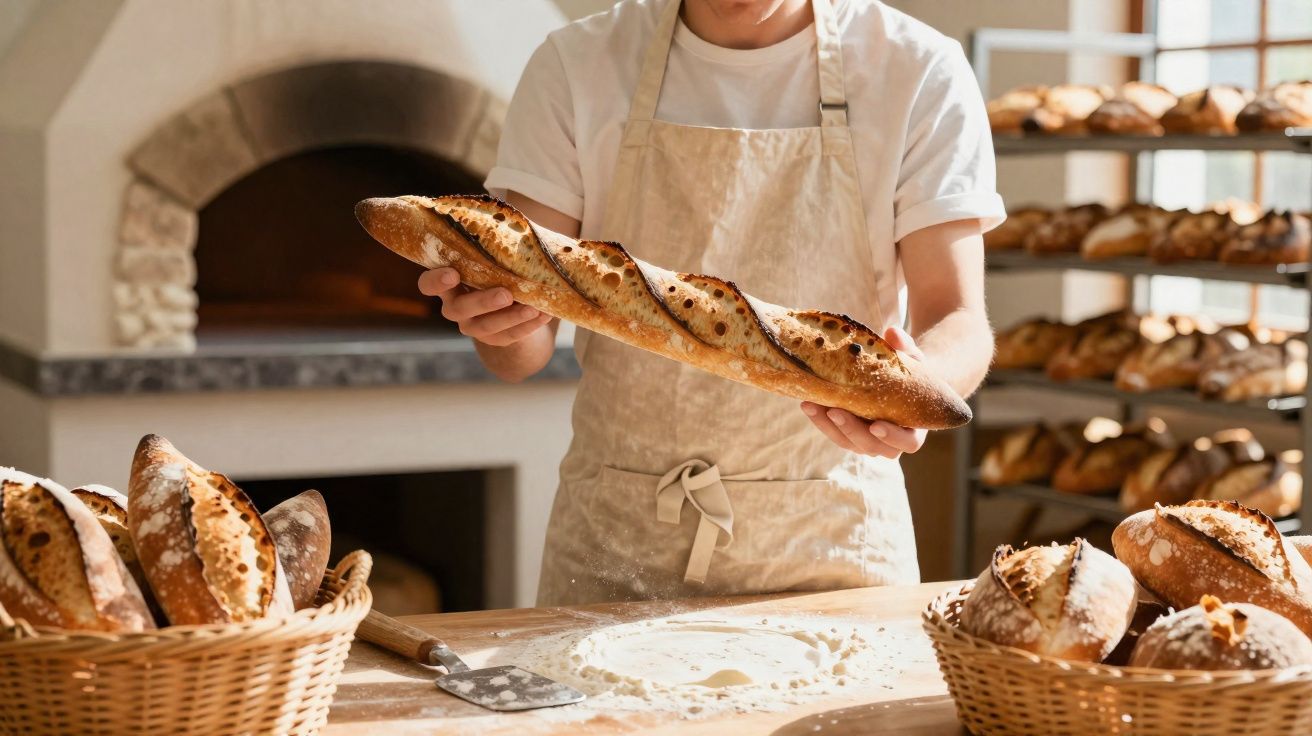 Pessoa com avental segurando baguete fresca em padaria com forno e cestos de pães ao fundo.