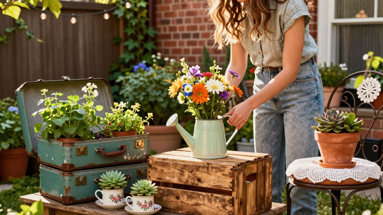 Jovem arrumando flores em regador verde em jardim com plantas em vasos e malas antigas.