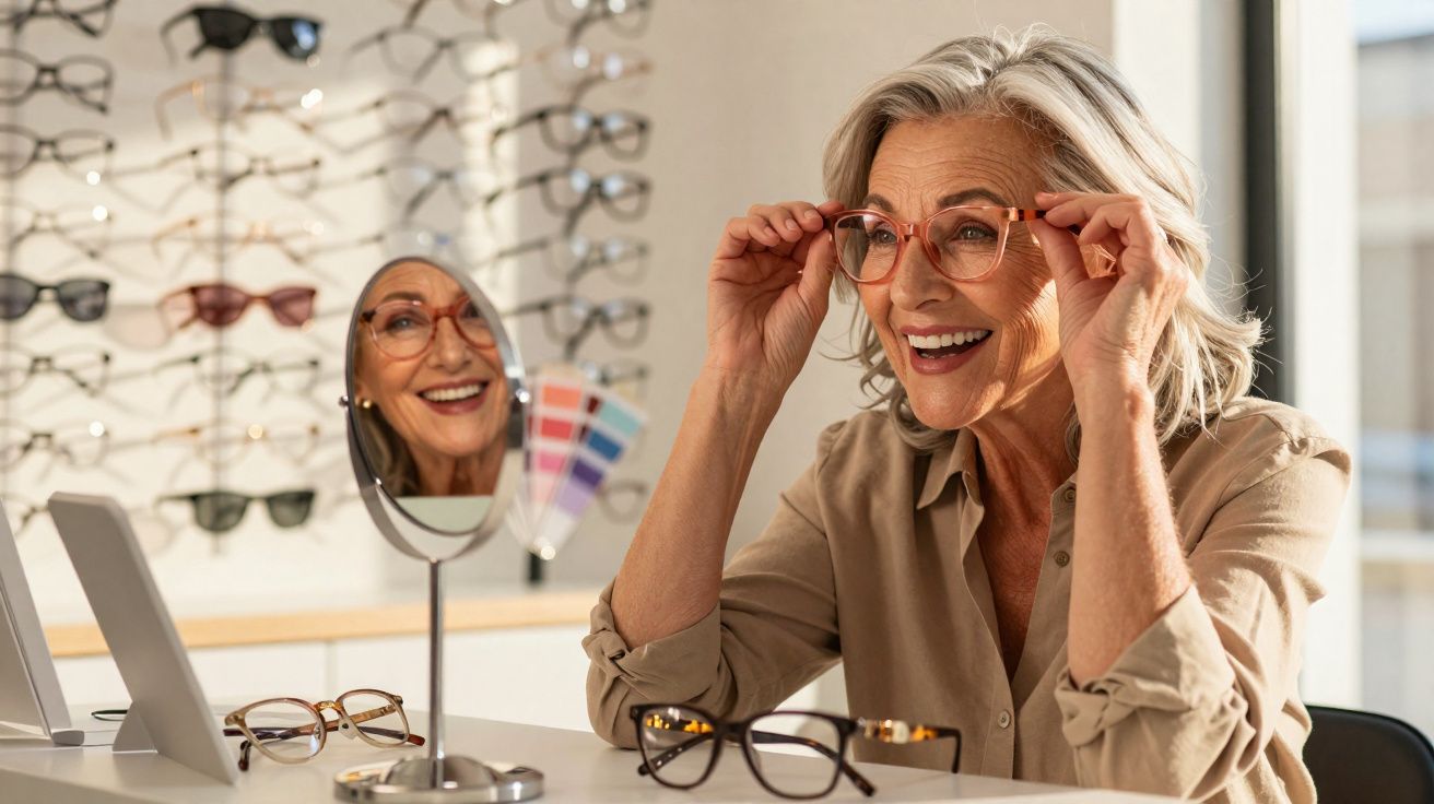Mulher madura sorrindo ao experimentar óculos em loja com espelho e várias armações ao fundo.