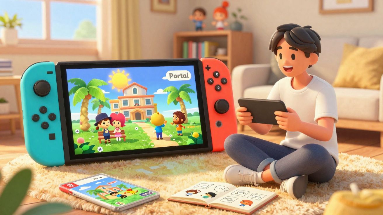 Jovem sentado no tapete jogando videogame portátil com controle, tela mostra jogo colorido de fazenda.