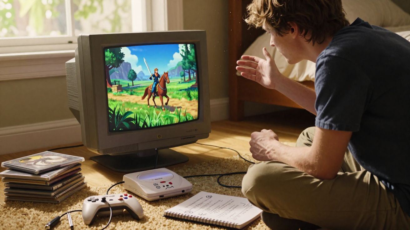 Jovem jogando videogame retrô em TV CRT, com controle, jogos e caderno ao lado no chão.
