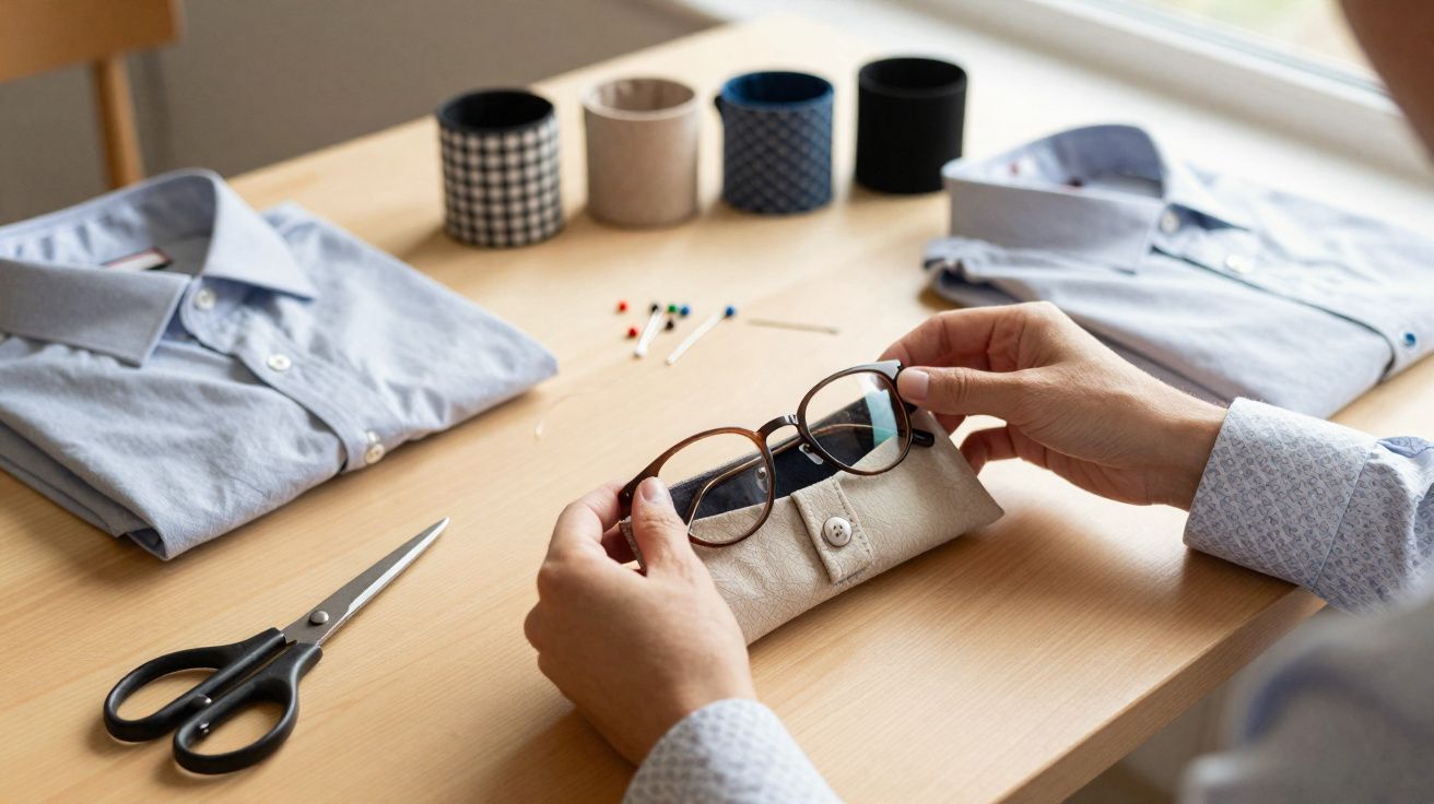 Pessoa segurando óculos sobre estojo, com camisas, alfinetes e tesoura sobre mesa de madeira.