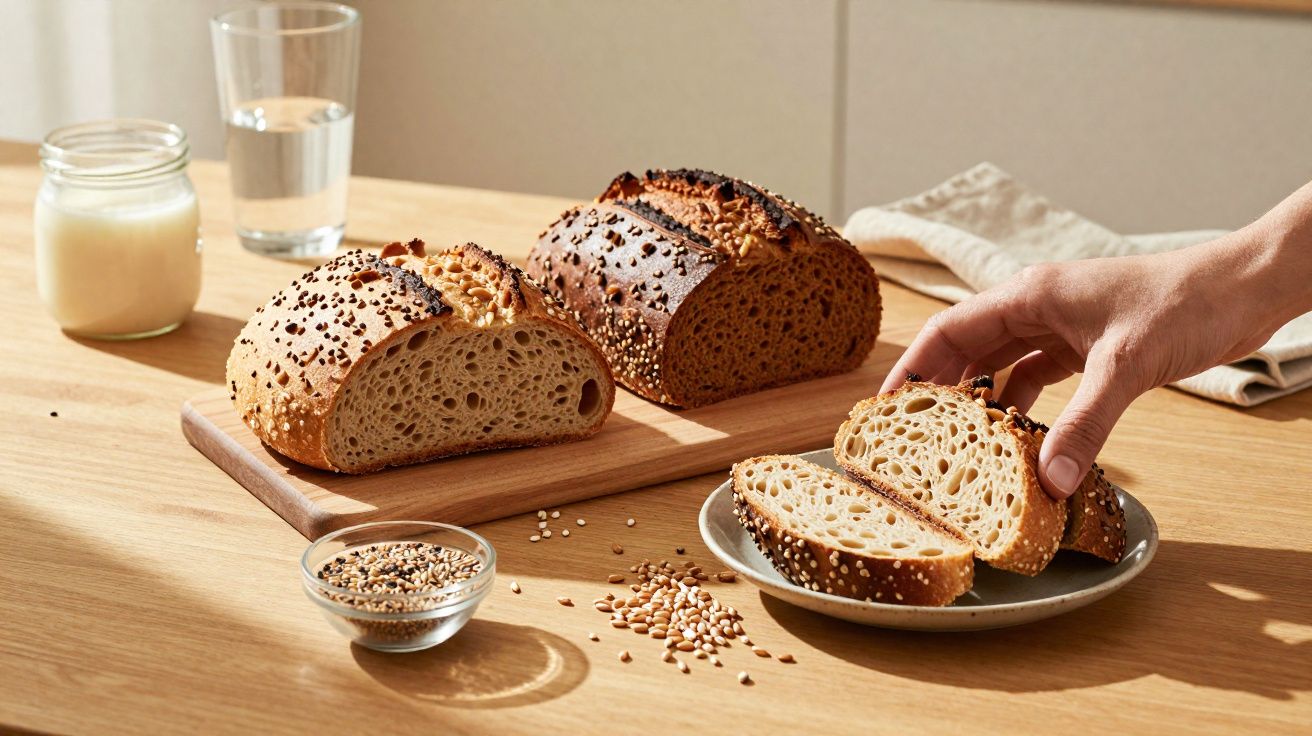 Mesa de madeira com dois pães integrais, sementes, um pote de iogurte e um copo de água.