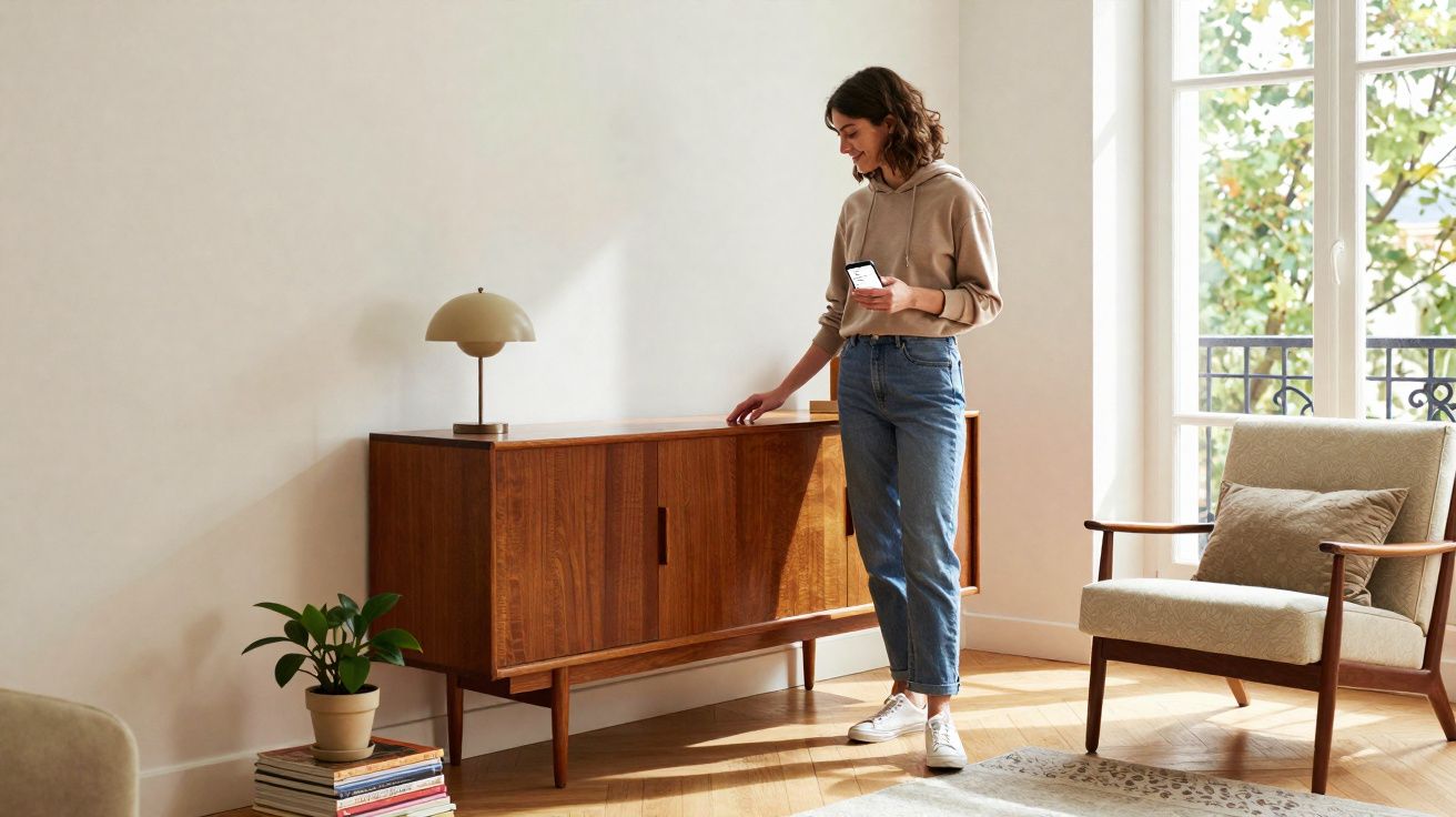 Mulher em sala iluminada abrindo armário de madeira, segurando celular, ao lado de poltrona e planta.