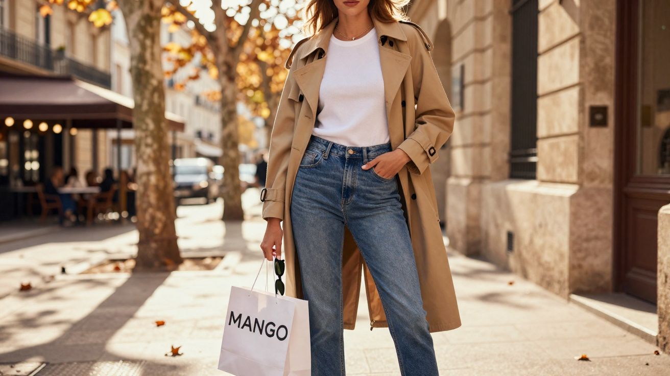 Mulher em trench coat bege, camiseta branca e jeans, segurando sacola de compras na rua ensolarada.