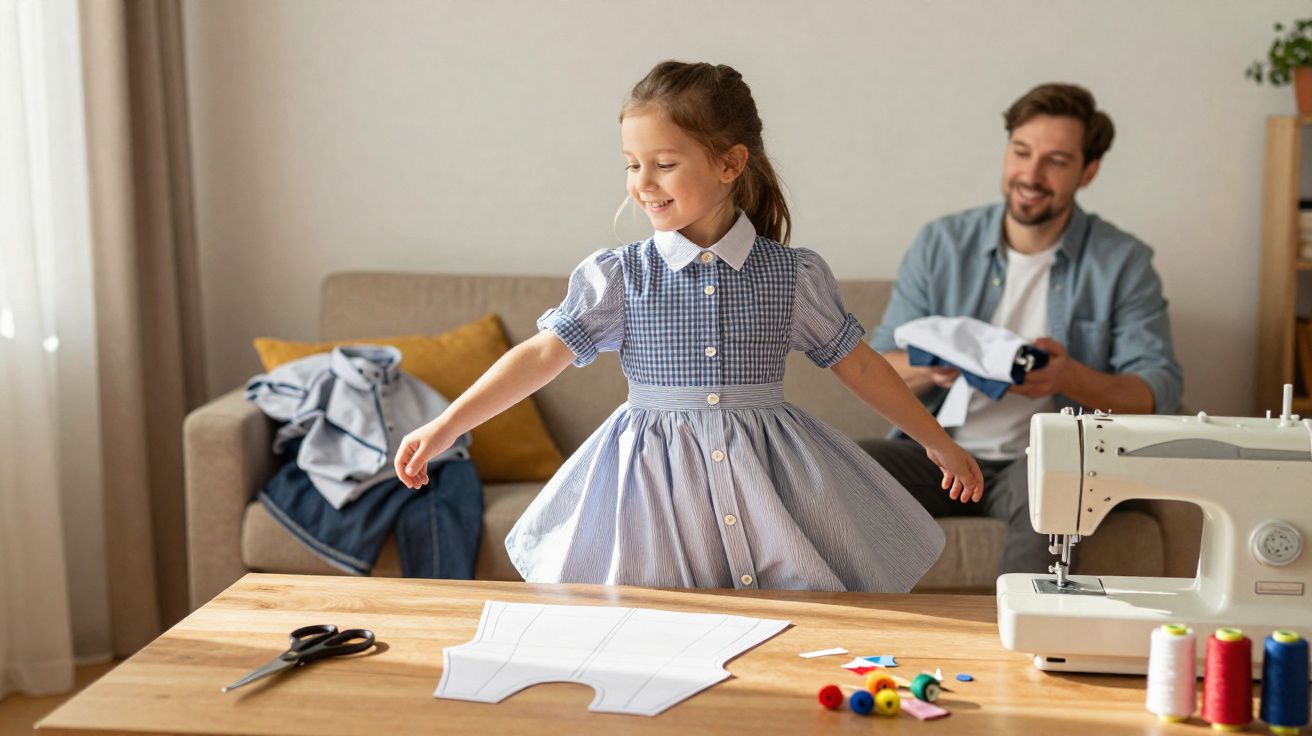 Menina vestida de vestido azul brinca enquanto homem dobra roupas, ao lado de máquina de costura.