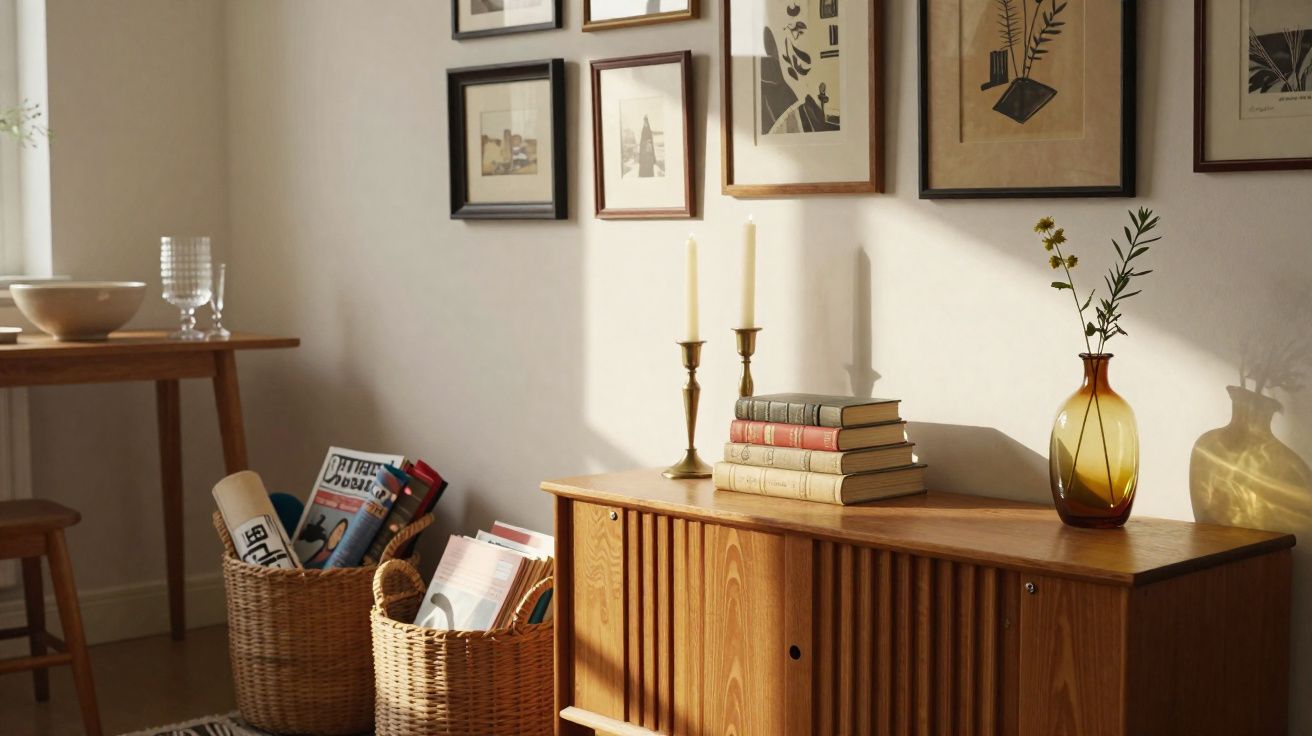 Sala com móvel de madeira, cestos com revistas, velas, livros empilhados e vaso com folhagem.
