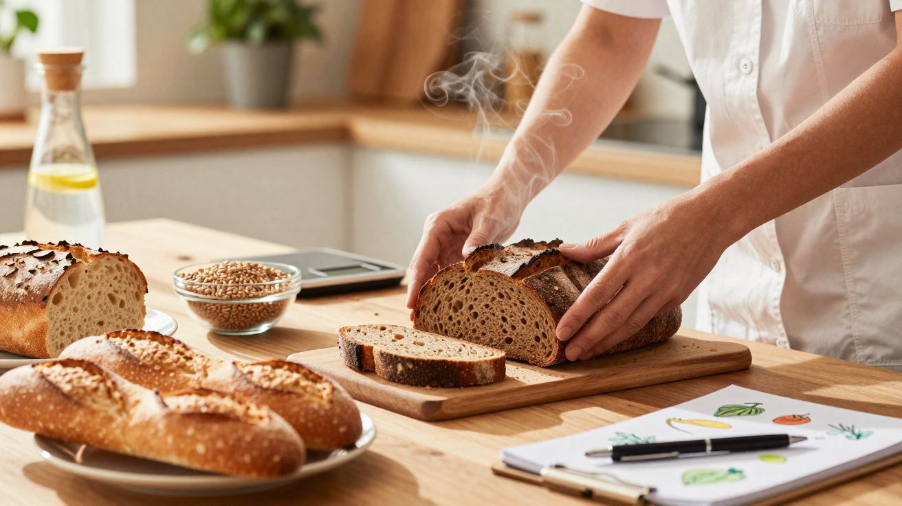 Pessoa cortando pão integral quente sobre tábua de madeira em cozinha iluminada.