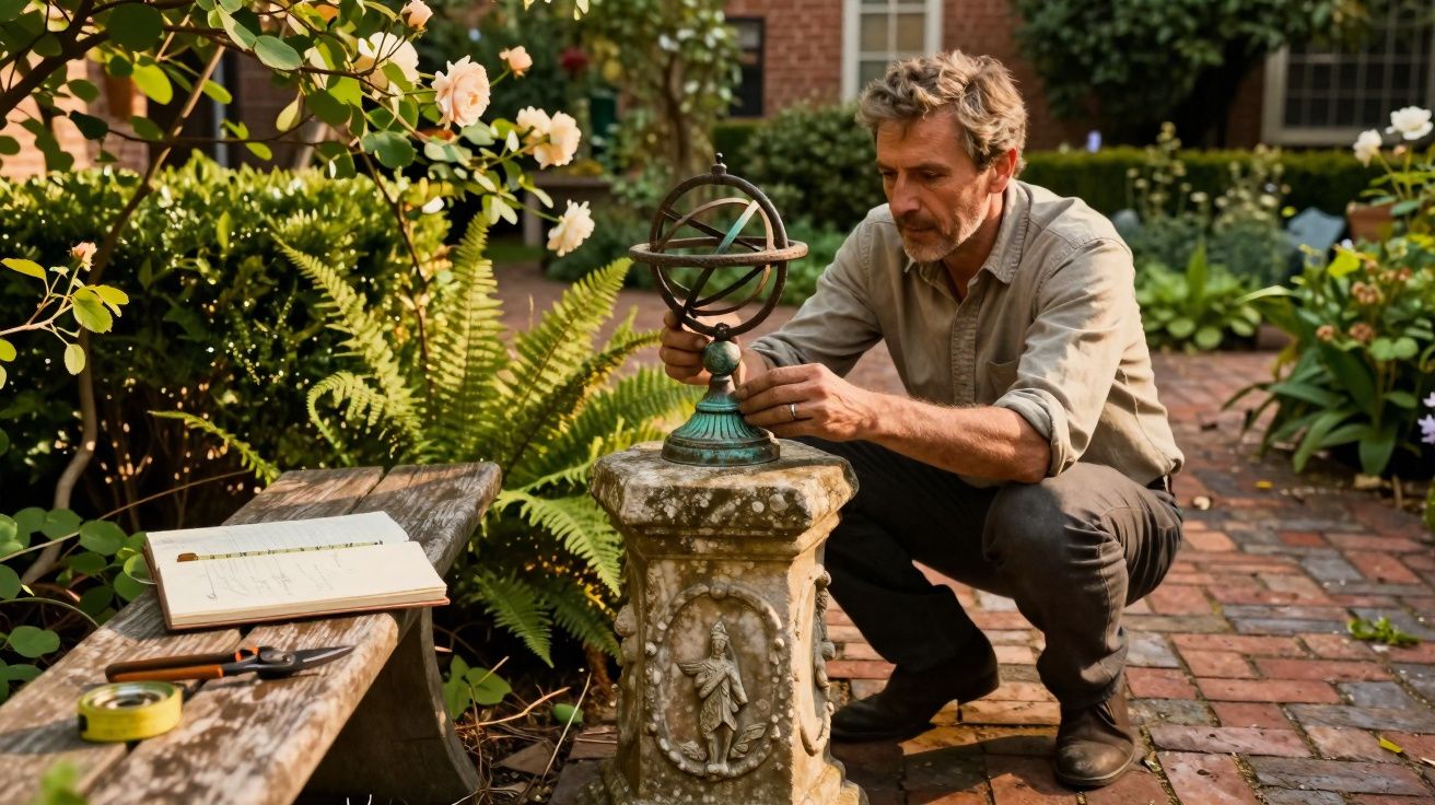 Homem ajusta astrolábio em pedestal de pedra em jardim com flores e plantas ao redor.